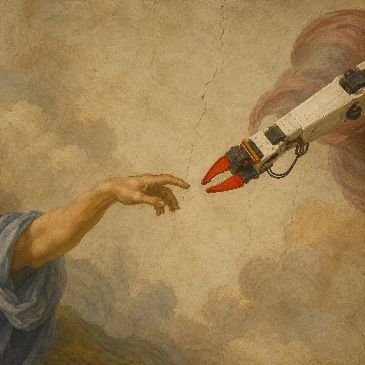 Classical painting of a human hand reaching toward a red‑tipped robot claw among soft clouds