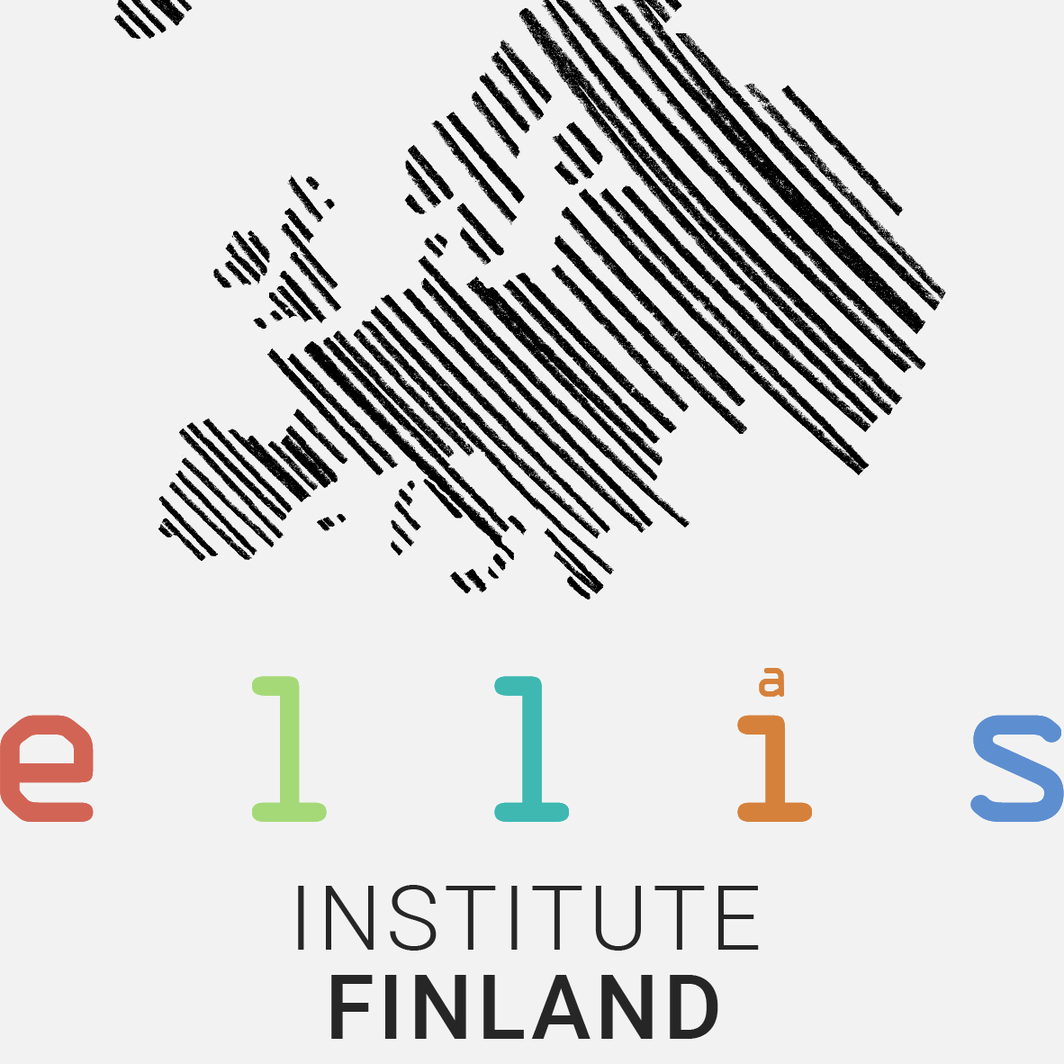 Logo of ELLIS Institute Finland with a striped map of Europe above and multicoloured letters 'ellis'.