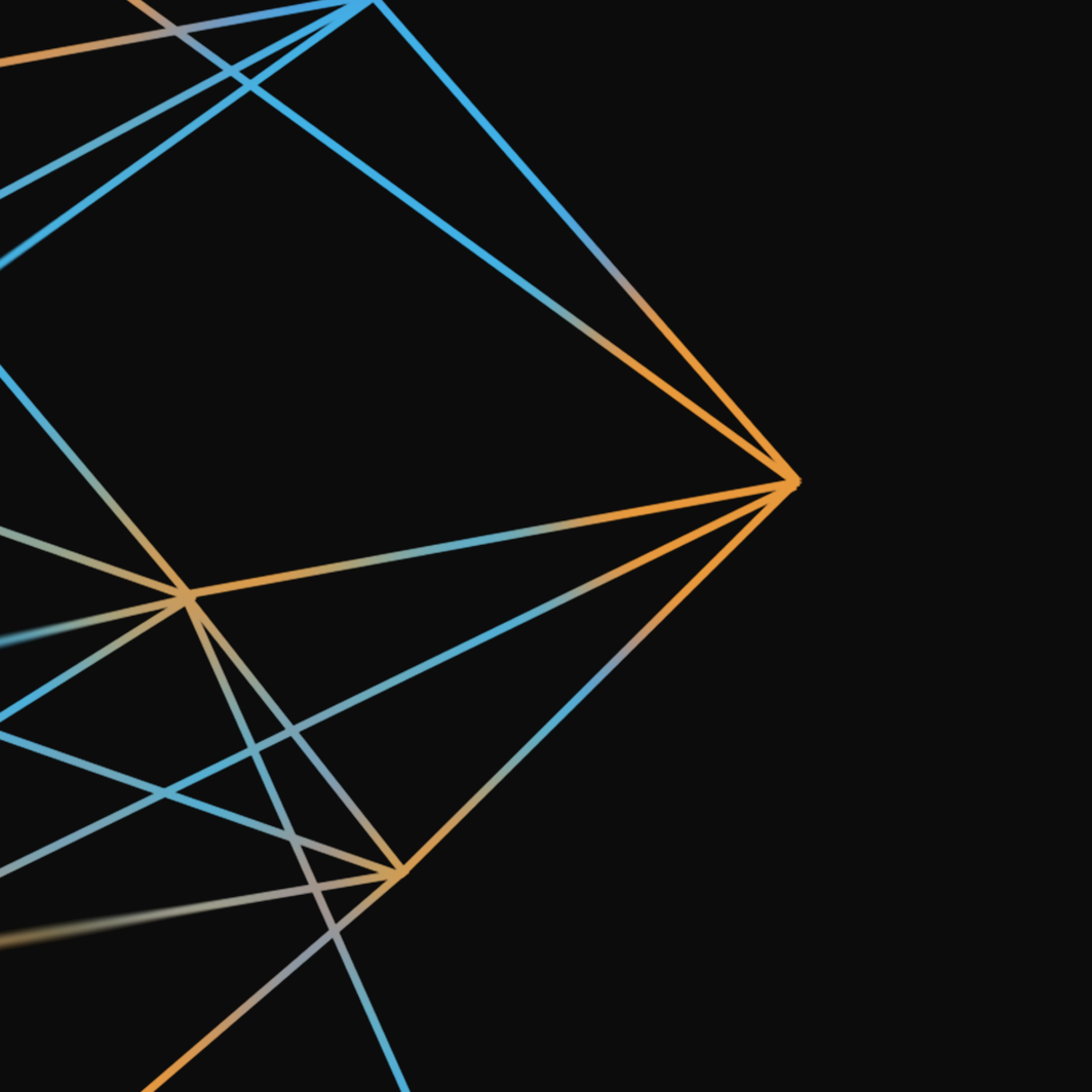 Geometric composition of intersecting lines in blue, orange, and grey on a black background.