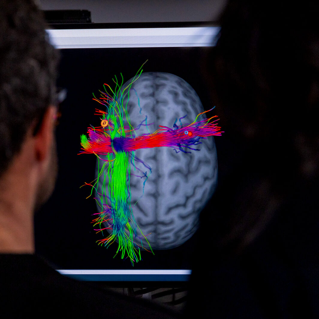 Two people observe a brain scan on a monitor, showing colourful neural pathways in red, green, and blue.