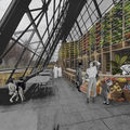 sketch for the new use of Gardenia building in Viikki, Helsinki: a vertical farm. people walking indoors the glass-walled building, fruits being sold there