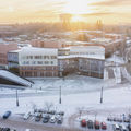 The picture shows the School of Business in winter time and during sunset. The photo was taken by Mikko Raskinen from Aalto University. 