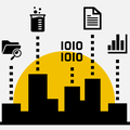 City silhouette illustration with data symbols.