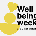 Wellbeing week visual identifier made out of 3 yellow shapes on top of each other, the one on the top being a heart