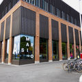 Marsio building seen from the outside, Marsio text and Aalto logo in the window