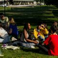 A group of Aalto University Summer School students sitting and chatting in the grass on Aalto campus.