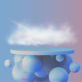 Blue-coral gradient background with a podium floating over balloons and above it a white cloud dispersing a ray of light to its spectral components.
