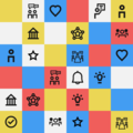 Patterned grid with various icons including hearts, stars, light bulbs, and group discussions.