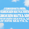 Text 'Tutkimuksen matka arkeen' in white on blue background with white clouds, repeated in perspective.