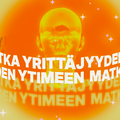 Text 'MATKA YRITTÄJYYDEN YTIMEEN' wraps around a head, surrounded by sparkles on a yellow and orange background.