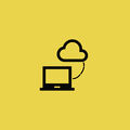 A black laptop icon connected to a cloud icon by a dashed line, on a yellow background.