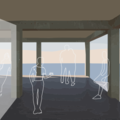 Illustration of five people in an open structure overlooking the sea, outlined in white, with the sky and sea in the background. Illustration from the diploma work of Jessica Eerikas.