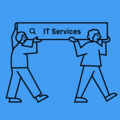 Two people carrying a sign with 'IT Services' written on it and a magnifying glass icon.
