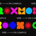 Colourful geometric shapes and text 'NRB -> ON CAMPUS' on a black background.
