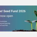 Unite! Seed Fund 2026 announcement with a small plant sprouting from soil. Call now open for student activities, teaching, and research.