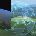 A satellite above Earth with a forest patch. Digital icons overlay a landscape. EU funding logo in the top right.