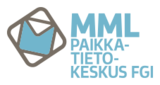 MML Paikkatietokeskus FGI:n logo, jossa sininen tunnus harmaan timantin sisällä.