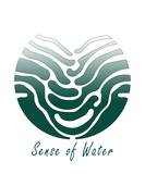 Green and white abstract design resembling water waves, with 'Sense of Water' text below.