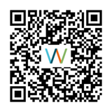 Mustavalkoinen QR-koodi, keskellä värillinen WV-logo.