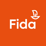 White word Fida and stylised boat logo on a bright orange square background