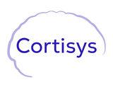Blue word Cortisys inside a light purple outline shaped like a human brain on white