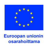 Blue EU flag with yellow stars above Finnish text saying the project is EU co-funded.