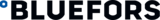BLUEFORS-logo, musta lihavoitu teksti ja vasemmalla pieni sininen ympyräkuvio