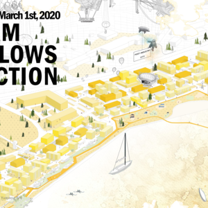 sketch of a city shoreline in yellow with buildings and boats