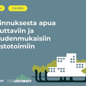 Vihreällä pohjalla valkoinen kerrostalo ja kaupunkipuita juurineen