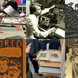 A collage of images including art prints, people working with equipment, and a historical classroom. Text on the side: @aaltouniarchives.