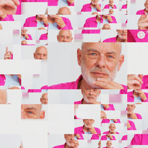 Collage of a bald man in a pink shirt with mixed rectangular segments showing his hand gestures.