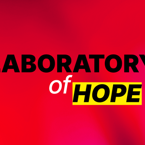 Text 'LABORATORY of HOPE' on a vibrant red and purple background. 'HOPE' is highlighted in yellow.