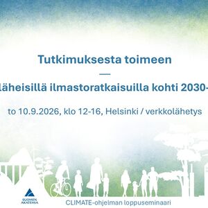 Sinivihreä ilmastoseminaarijuliste, jossa teksti, päivämäärä 10.9.2026, Helsinki, ihmisfiguureja, puita ja silta