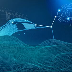 Futuristic blue wireframe ship on digital waves, linked to a glowing circuit brain above the sea