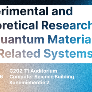 Blue-orange poster for Aalto event on experimental and theoretical 2D quantum materials, with date and venue details.