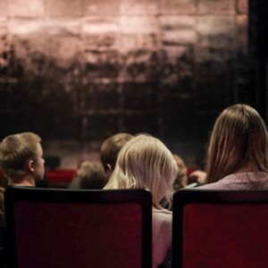 Yleisöä selin punaisilla teatteripenkeillä hämärää näyttämöä kohti