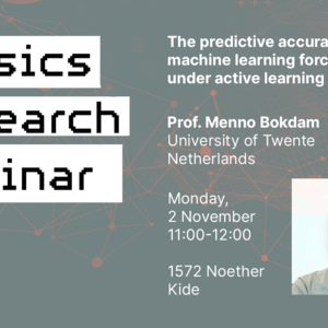 Aalto Physics Research Seminar poster with event details and a smiling man’s portrait on grey graphic background