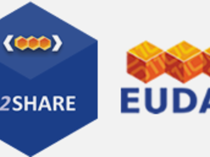 Two logos, blue hexagon with text B2SHARE in it and three small orange cubes in a row with blue text EUDAT under them.