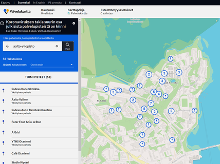 Aalto-yliopiston toimipisteet pääkaupunkiseudun palvelukartalla