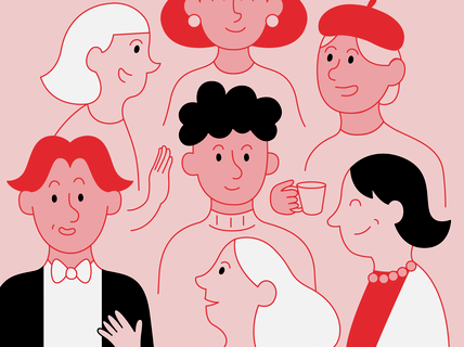 Round picture with illustration of several people interacting