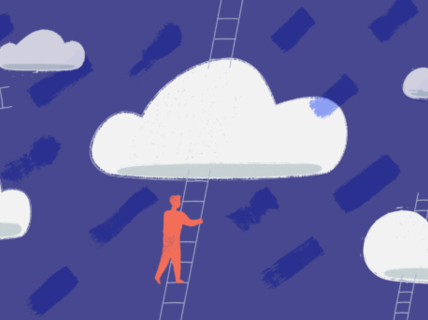 Illustration of human figures climbing stairs to clouds on blue background. / illustration: Lisa Staudinger