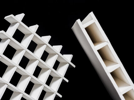 laminated white structures against a black background 