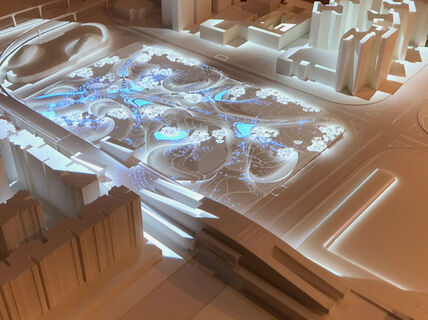 hologram landscape plan on a wooden platform