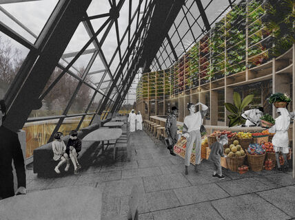sketch for the new use of Gardenia building in Viikki, Helsinki: a vertical farm. people walking indoors the glass-walled building, fruits being sold there