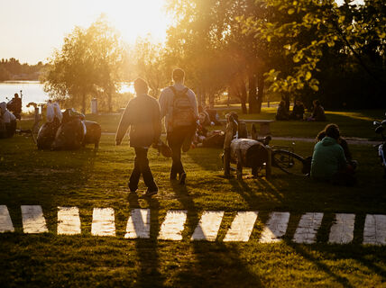 people sitting and walking around in a park in summery sunset