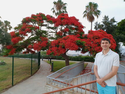 Associate Professor Ali Tehrani standing in front of blooming trees.