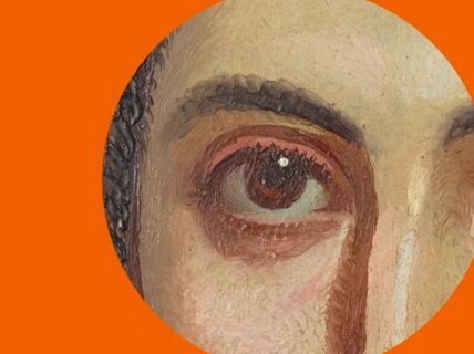 taidemaalauksesta poimittu yksityiskohta ihmisen silmästä on rajattu ympyräksi oranssilla pohjalla