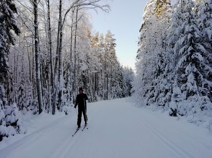 Student James Roney cross-country skiing