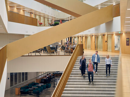 Four students descending stairs in the School of Economics building. Photo taken by Unto Rautio.