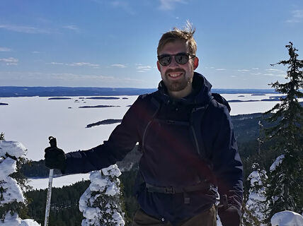 BScBA Program alumnus Patrick Lees on a ski trip to Koli